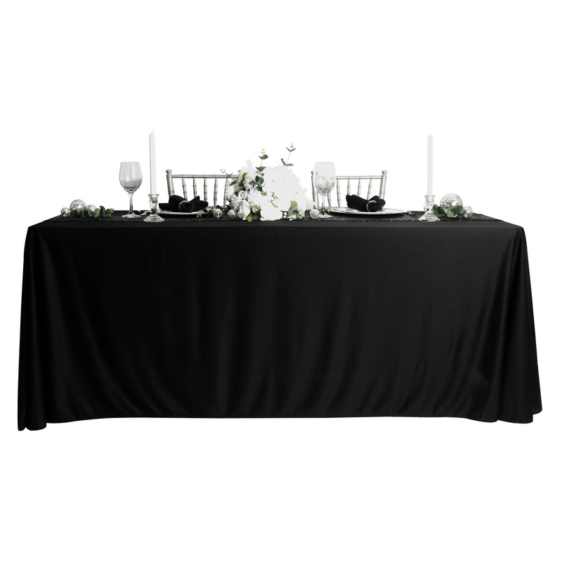 Load image into Gallery viewer, banquet table linens in black full drop decorated
