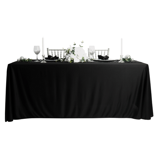 banquet table linens in black full drop decorated