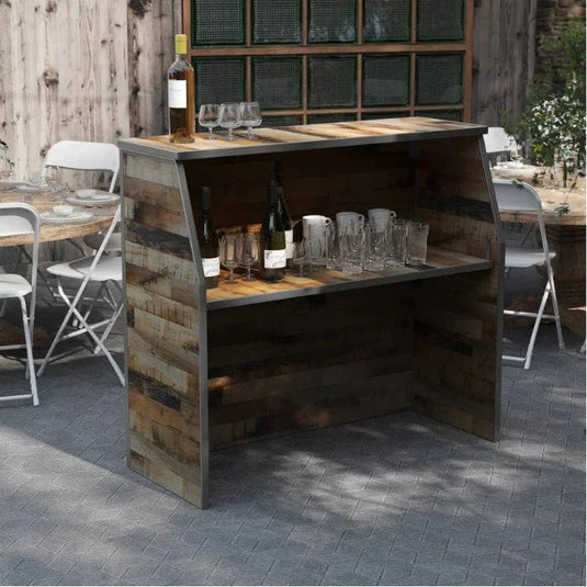 Portable Rustic Bar shown from back side with shelf.